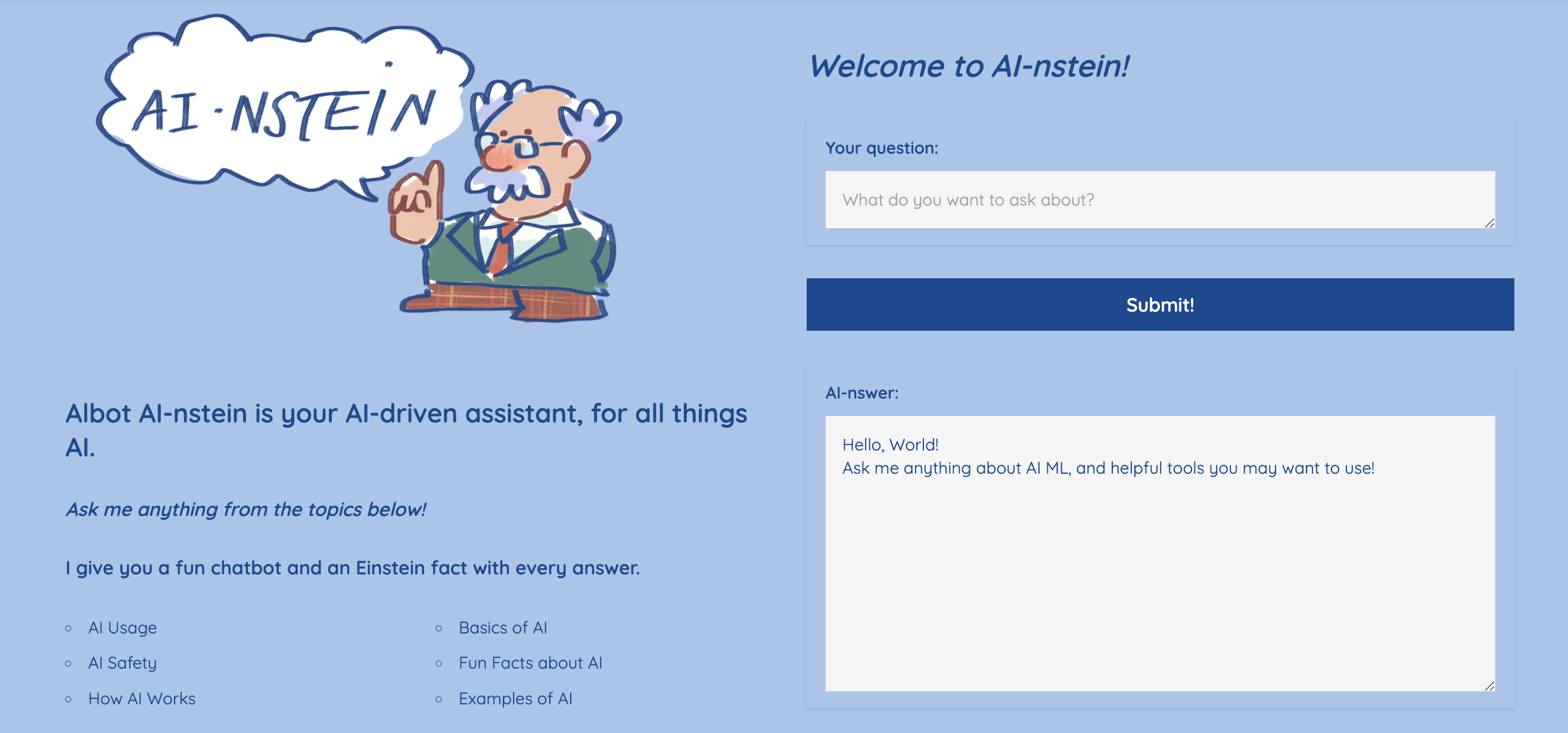 AI-nstein, an AI chatbot dedicated to teaching beginner AI info.